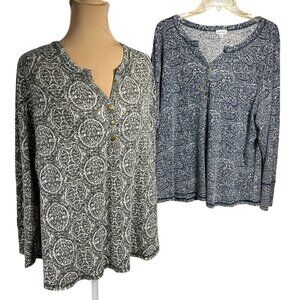 Set of 2 Avenue Tunic Top Waffle V-Neck Long Sleeve Size 22/24 Blue Green Gray